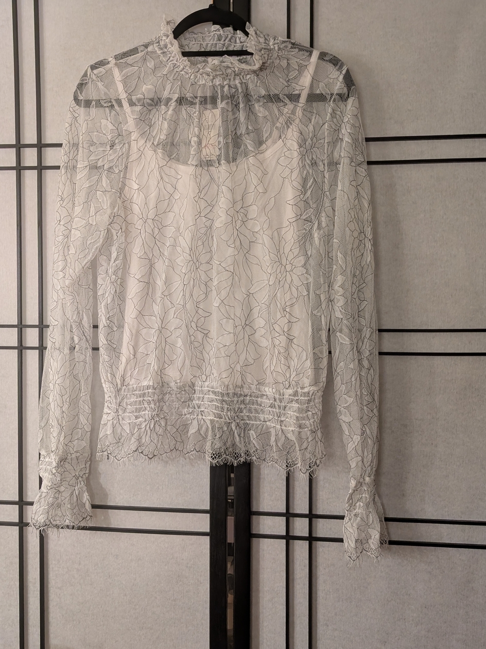 Anthropologie White Sheer Floral Lace Blouse with Ruffle Neck